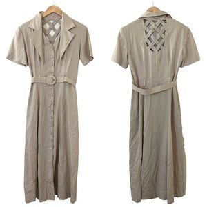Vintage Chatcarel Beige Tan Belted Braided Back Midi Dress